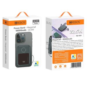 Carregador portátil HREBOS PB-959 10.000mAh, USB-C e Lightning