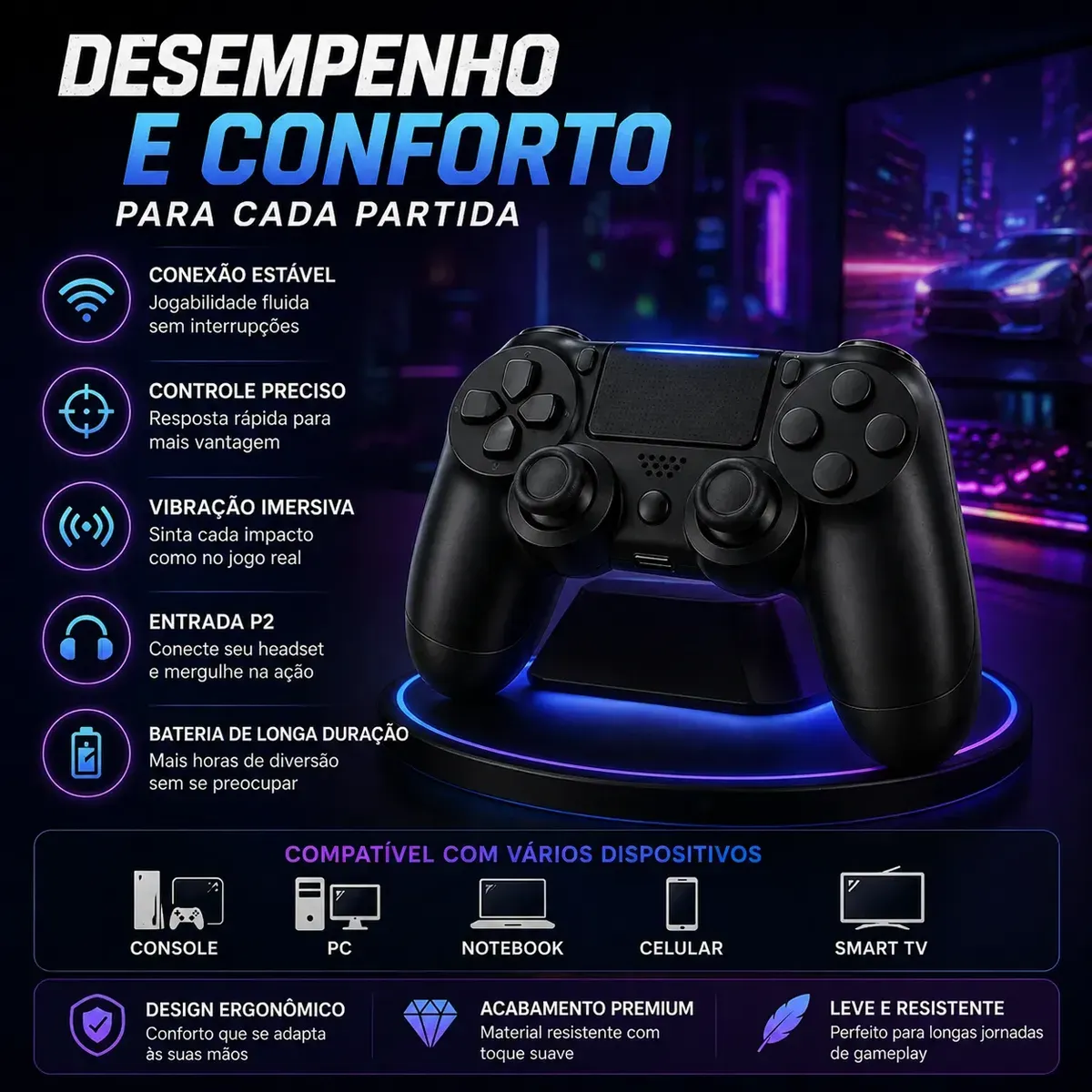 Controle Bluetooth Sem Fio Para Ps4 Double Vibration Wireles - Imagem 2